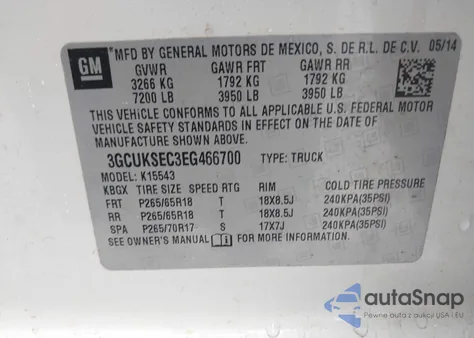 2014 Chevrolet Silverado 1500 2Lz z USA, uszkodzony, nr VIN 3GCUKSEC3EG466700